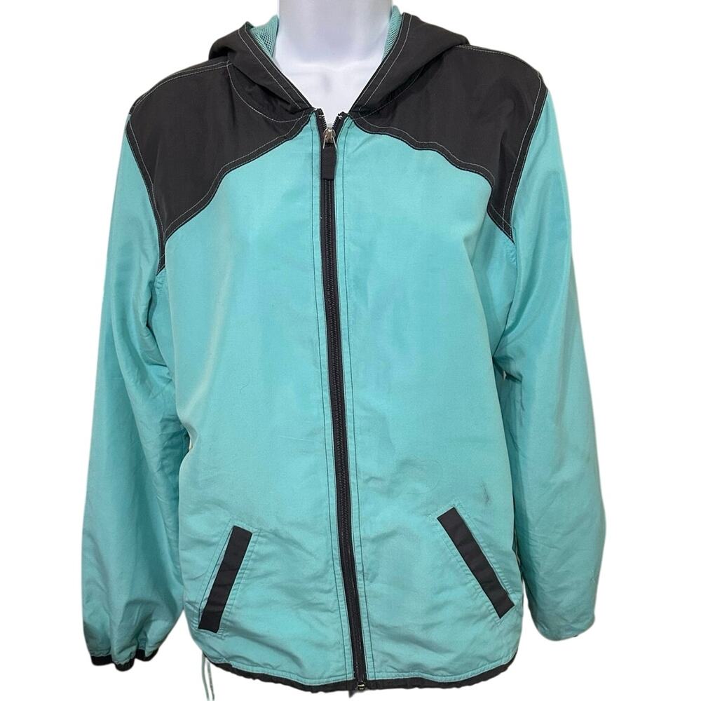 Kim Rogers jacket womens size medium teal with black trim & Pockets and hood